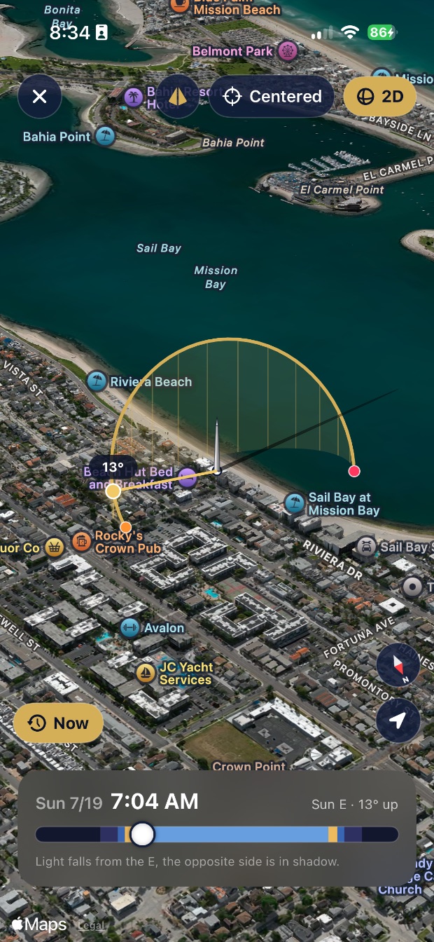 Shadow Mode: the sun's arc and a gnomon casting a real shadow across Mission Bay